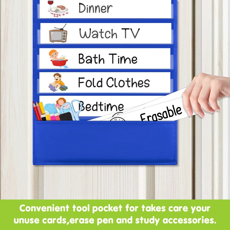 Eamay Daily Schedule Pocket Charts, Teacher Schedule Chart with Resuable 18 Custom Cards, Classroom Pocket Chart for School Office or Homeschool Activities, Blue - Image 4